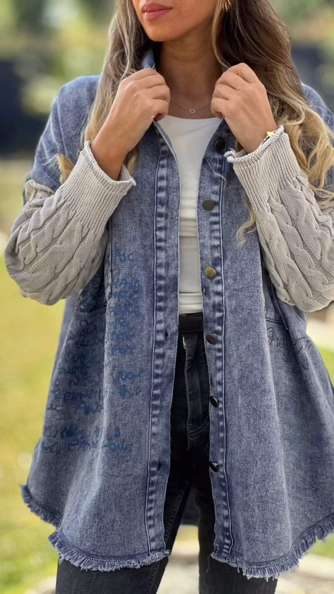 Denim Paneled Knit Hooded Jacket Jacket