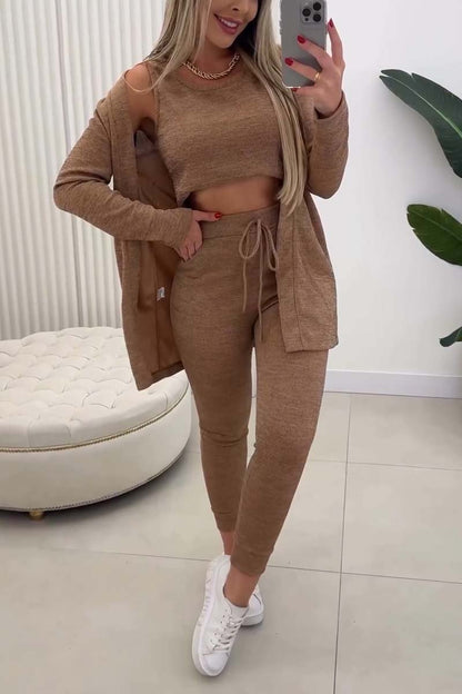 Women's Casual Comfortable Knitted Elastic Waist Pants Three-piece Set suit Three-piece Set