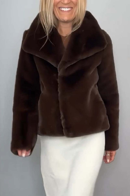 Women's Fashionable Solid Color Lapel Faux Fur Winter Short Coat Coats Tops