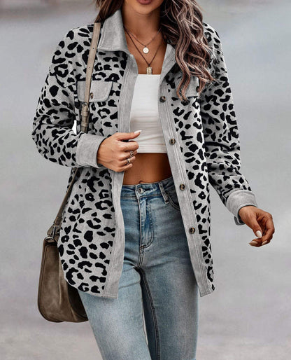 Women's Autumn and Winter Leopard Print Button Long Sleeve Jacket Jacket