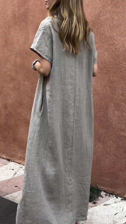 Women's Round Neck Short Sleeve Casual Cotton and Linen Dress dress