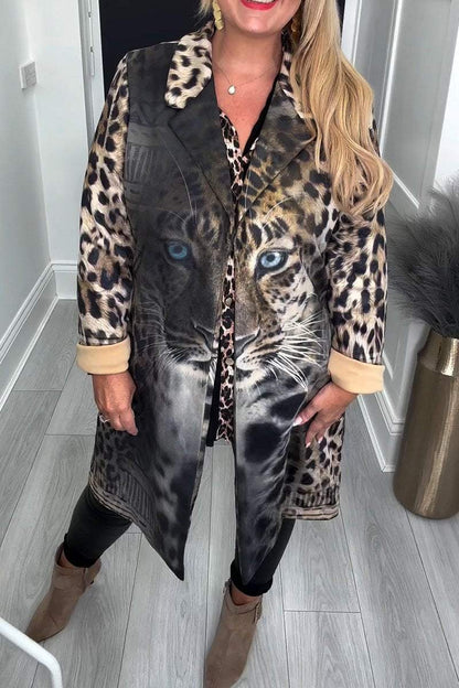 Leopard Print Autumn-winter Coat with Lapel for Women coats tops