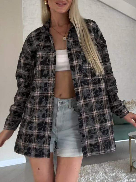 Women's Lapel Single Breasted Plaid Shirt Cotton Shirt