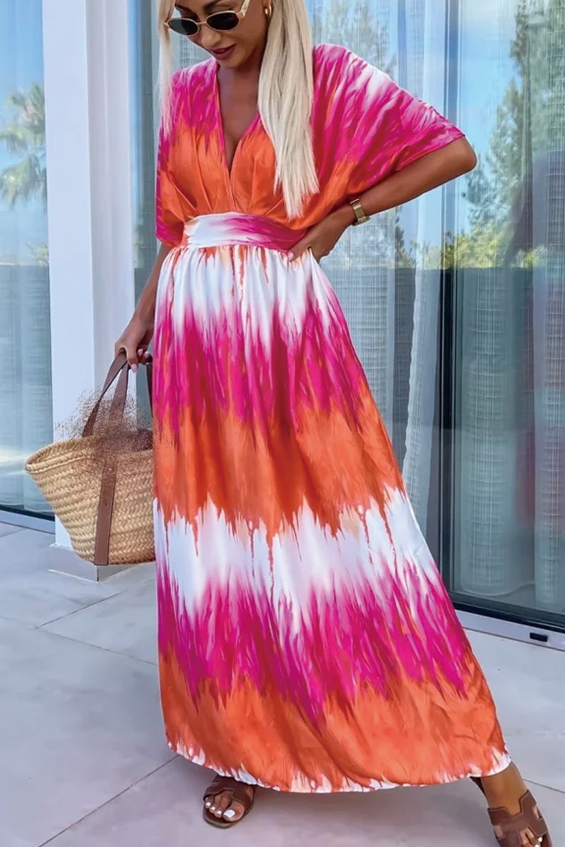 Women's contrast tie-dye V-neck maxi dress Dress