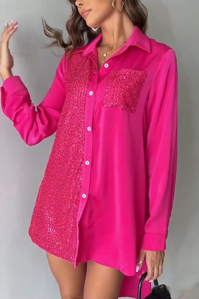 Women's Casual Lapel Sequined Long Shirt Cotton Shirts & Blouse