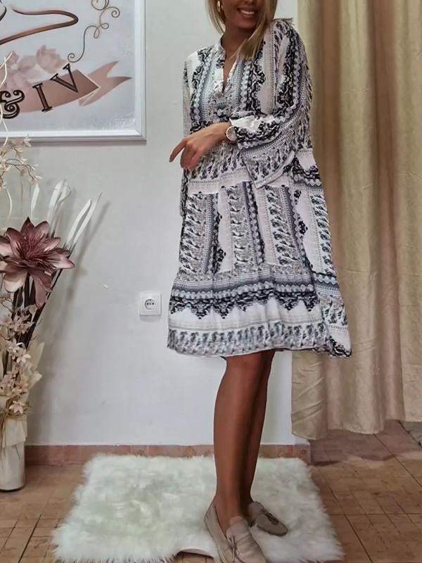 Women's V-neck Printed Short Dress Cotton Dress