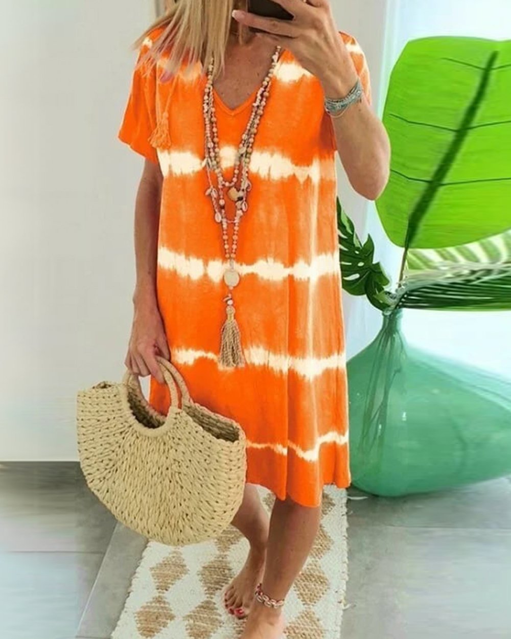 ?Tie-dye Striped Short-sleeved Loose T-shirt Dress Dress