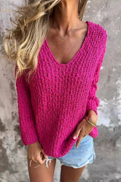 Women's autumn and winter thick floral knitted V-neck lazy long-sleeved sweater sweatshirts Top