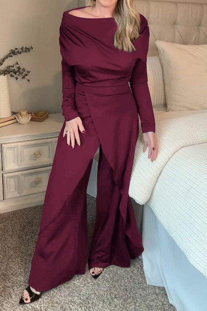 Women's One-shoulder Long-sleeved Split Design Temperament Jumpsuit