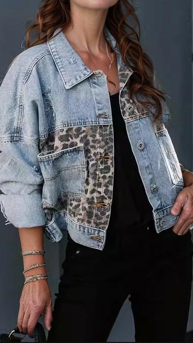 Ladies leopard print fashion print patchwork ripped denim top casual jacket