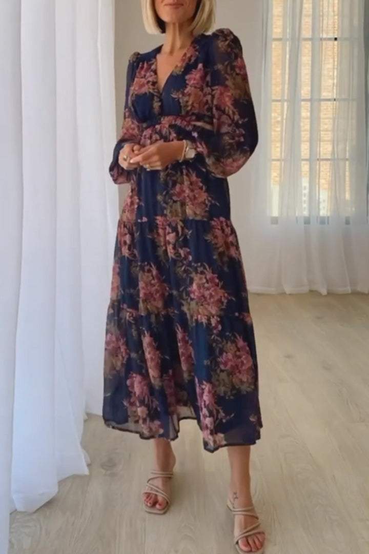 Women's Floral V-neck Long-sleeved Dress Dress Midi dress