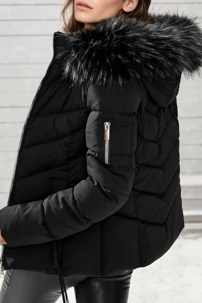 Ladies Casual Solid Color Warm Large Fur Collar Cotton Coat