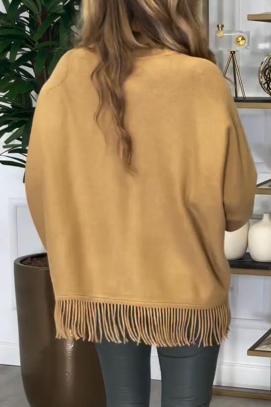 Women's casual high neck hem tassel pullover sweater sweaters Top