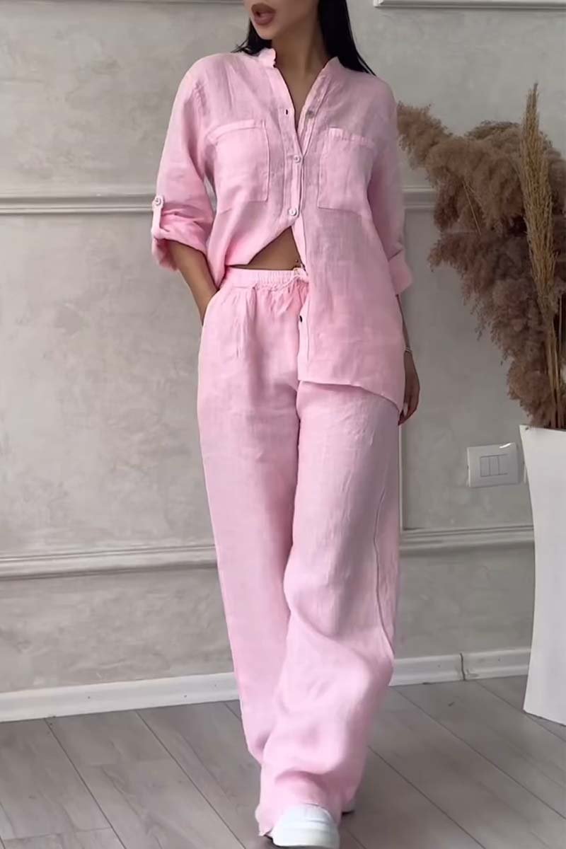 Casual solid color cotton and linen pants two-piece set Cotton and Linen suit