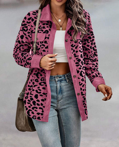 Women's Autumn and Winter Leopard Print Button Long Sleeve Jacket Jacket