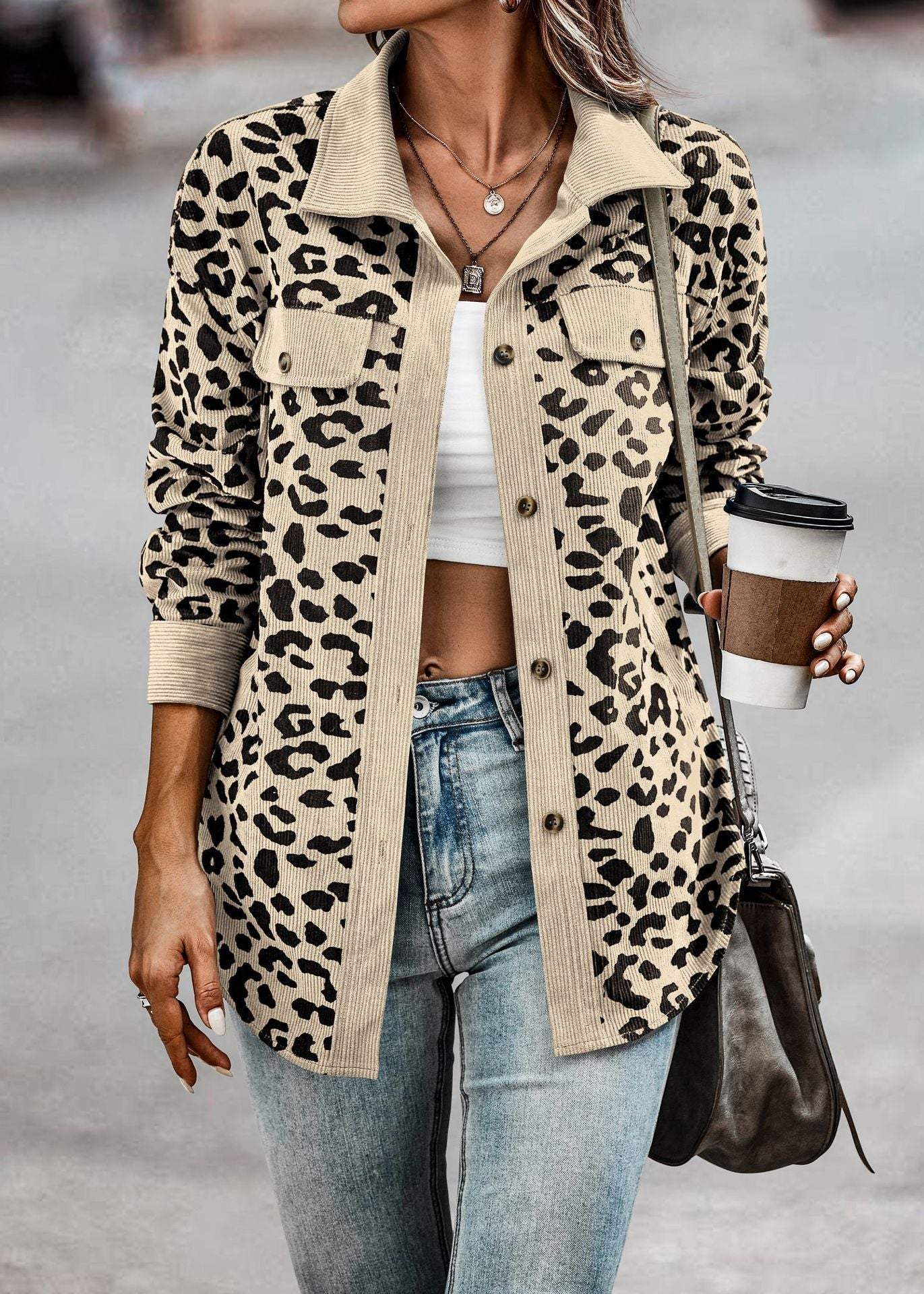 Women's Autumn and Winter Leopard Print Button Long Sleeve Jacket Jacket