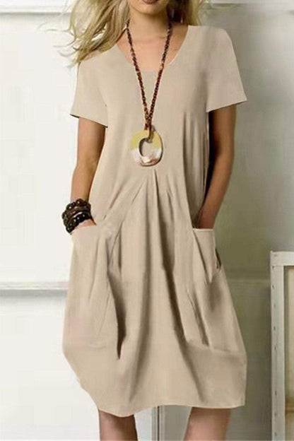 Cotton and Linen Solid Color Loose Short-sleeved Dress Dress