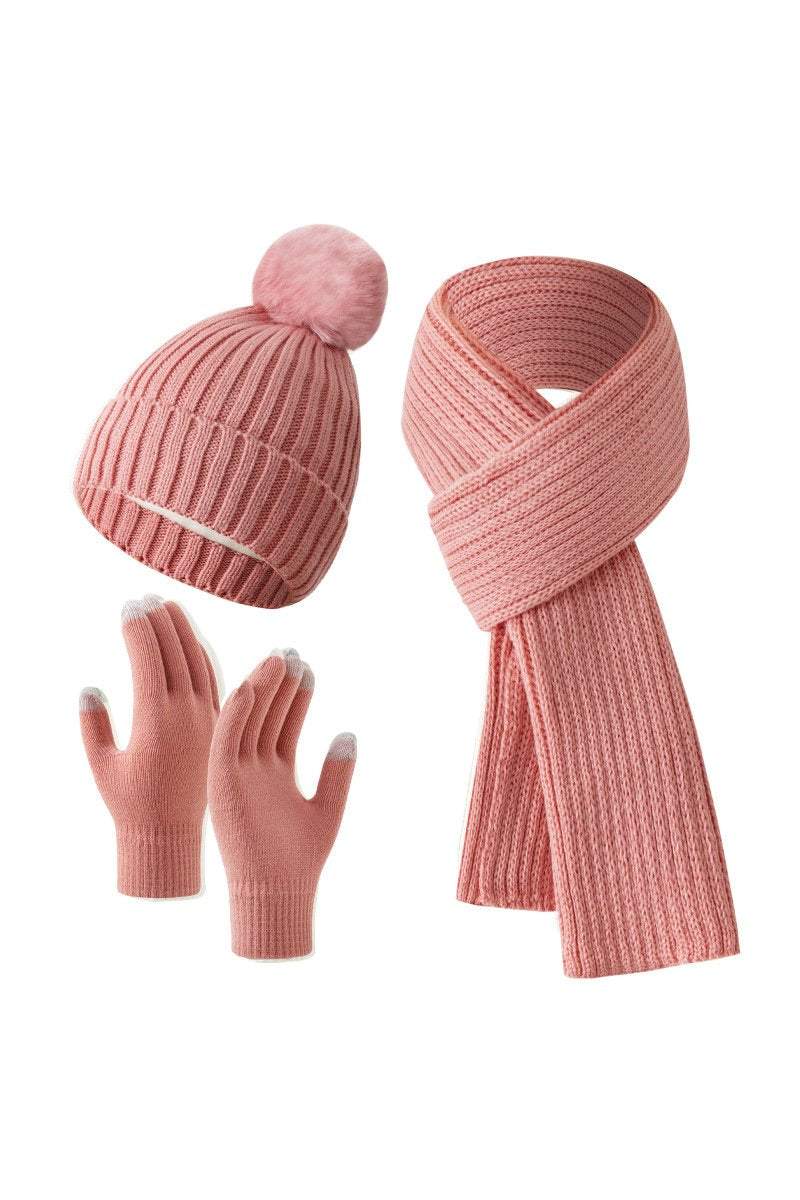 Knitted Hat, Double-layer Fleece Warm Wool Scarf, Gloves, Three-piece Set Gloves Hat Scarf Three-piece Set