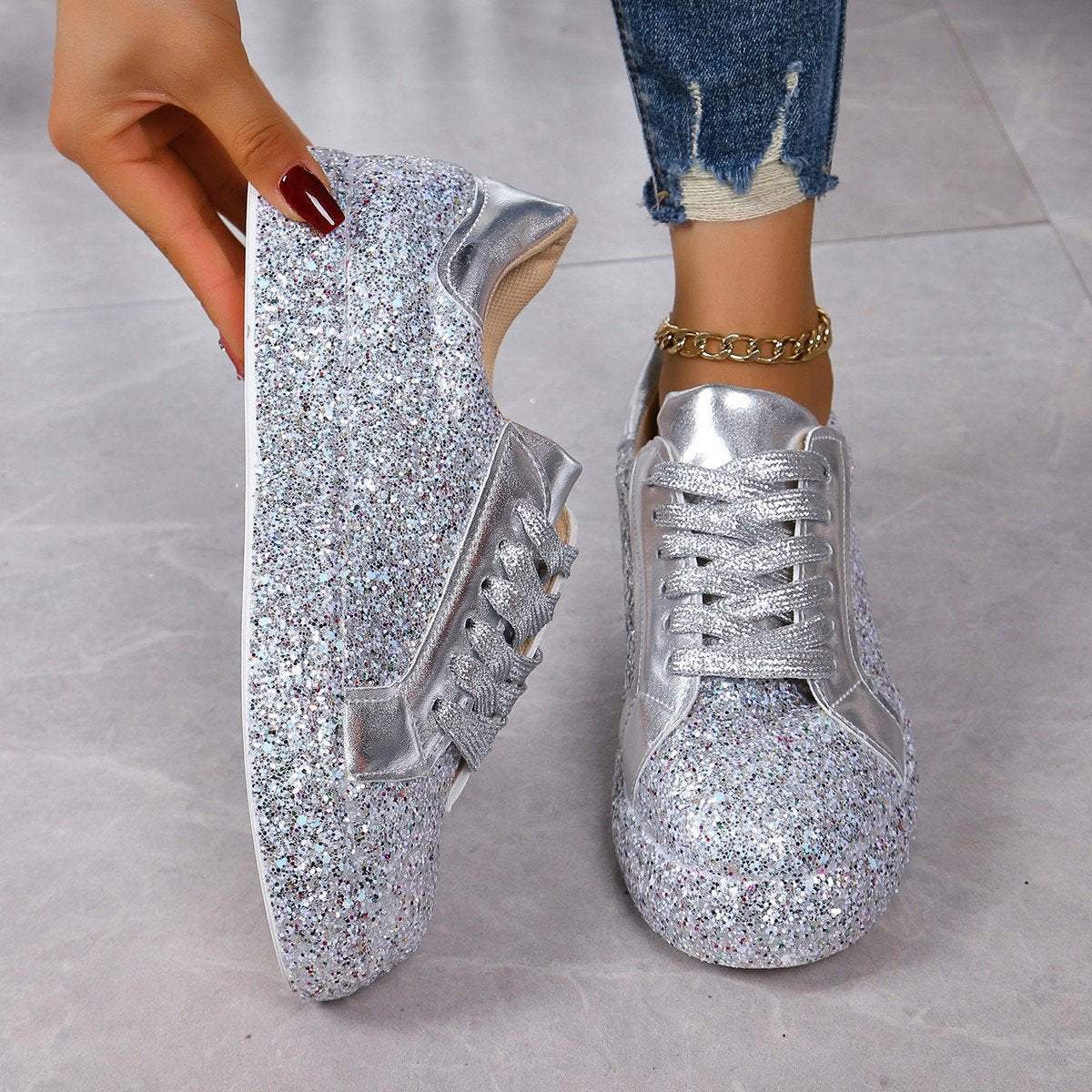 Women's Sequined Flat Round Toe Low-top Sneakers Shoes