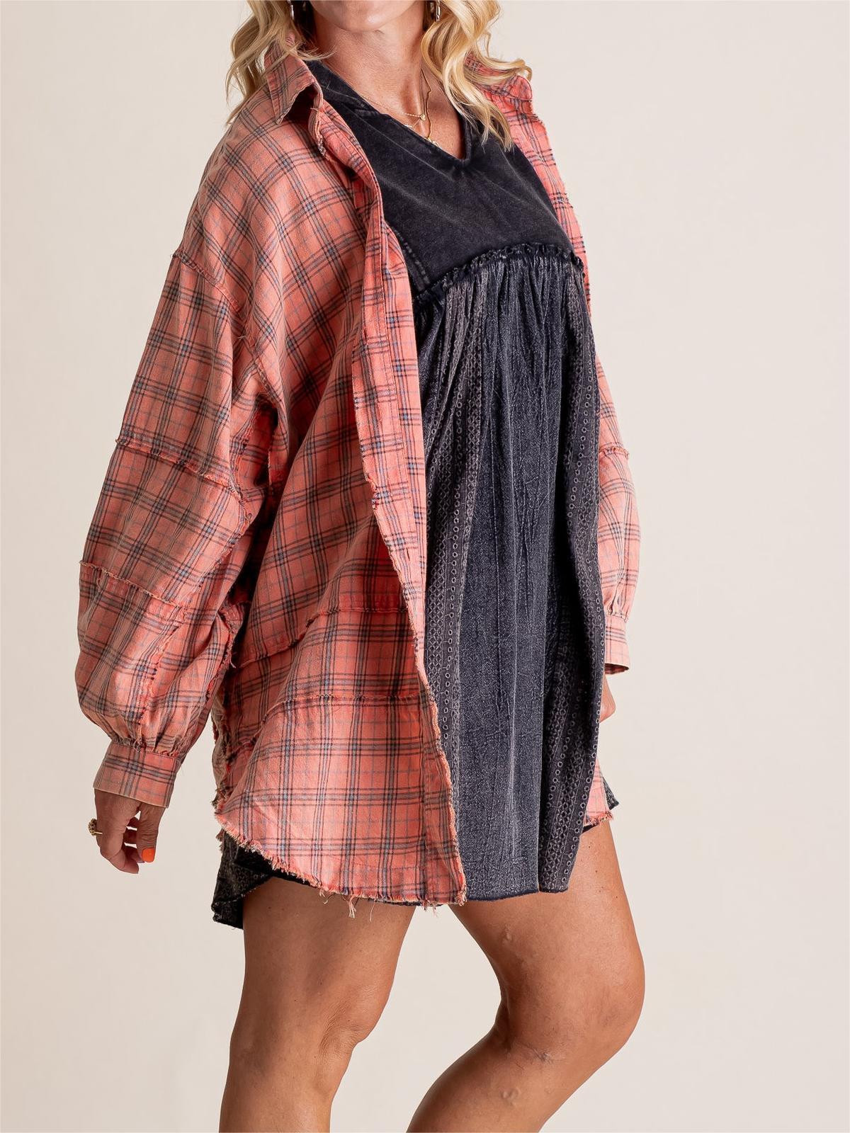 Women's Lapel Long Sleeve Plaid Shirt tops