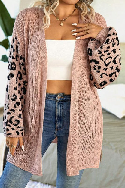 Women's casual sleeve leopard print patchwork knitted cardigan