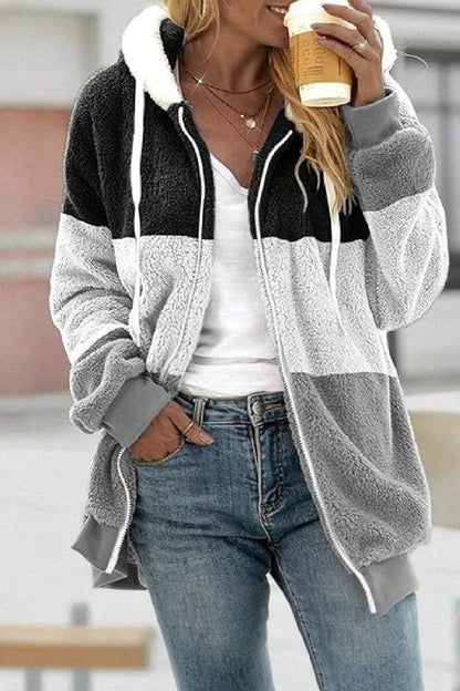 Women's Casual Plush Patchwork Contrast Color Hooded Jacket