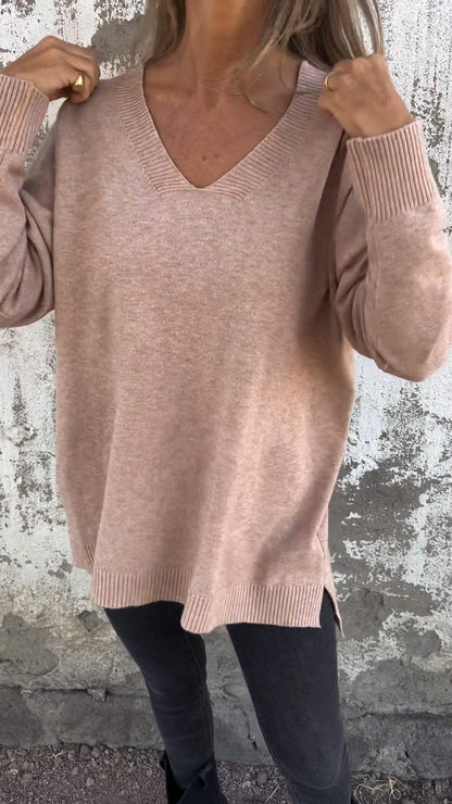 Casual V-neck Long-sleeved Knitted Top Cotton Top