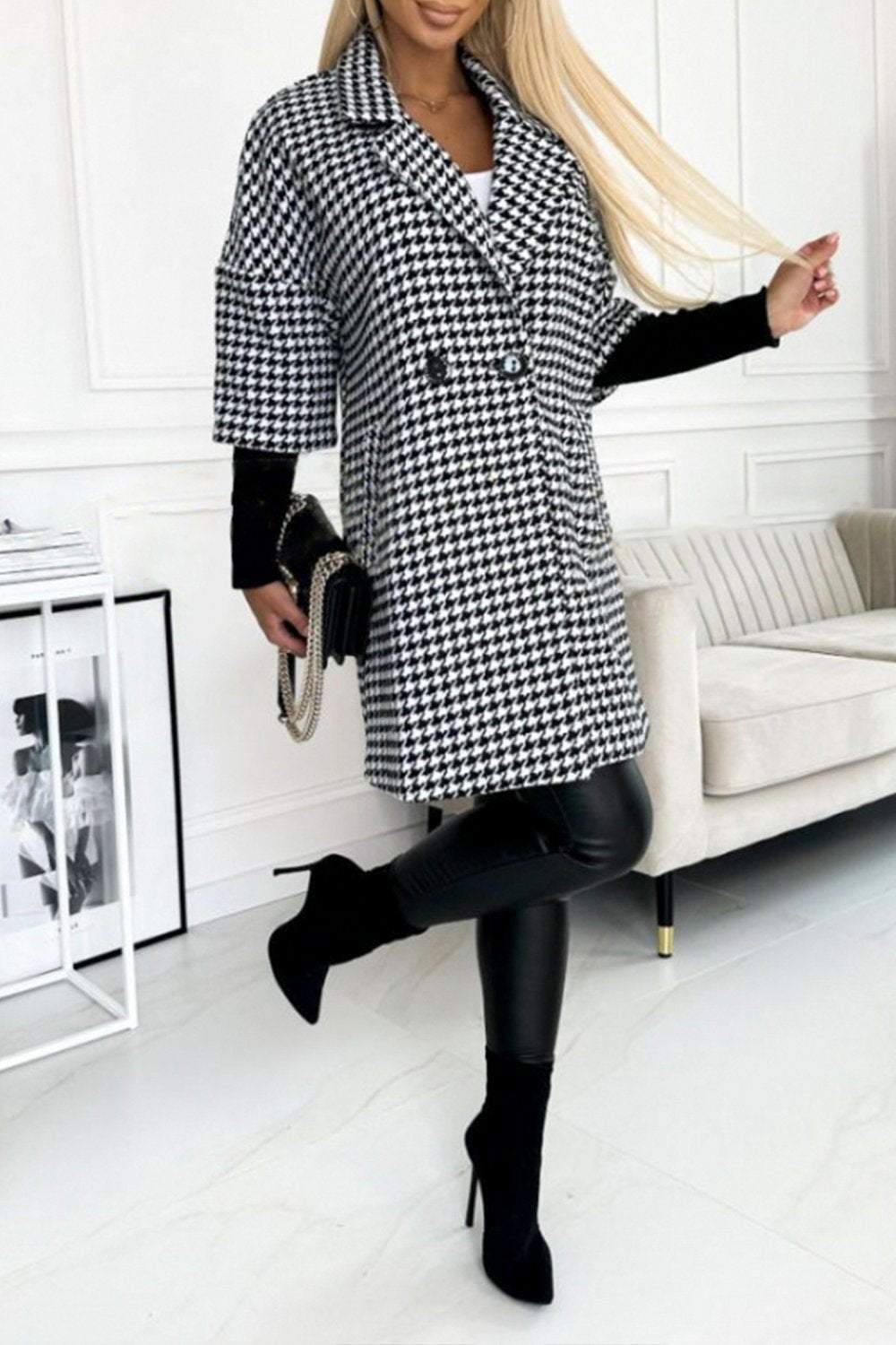 Women's Houndstooth Sleeves Knitted Patchwork Lapel Jacket Coats skirts Top