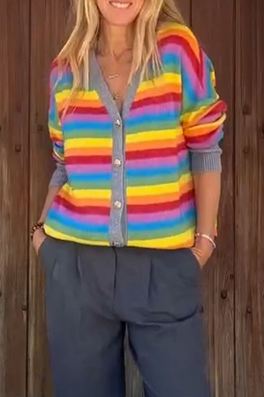 Women's Casual Rainbow Stripe Knit Cardigan Sweater Tops