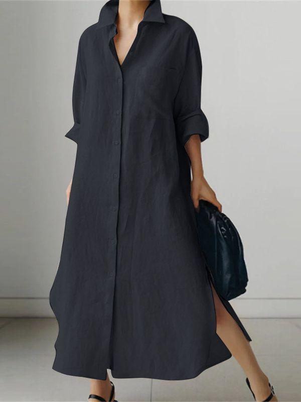 Women's Solid Color Long Sleeve Cardigan Irregular Split Dress Cotton and linen Dress Shirtdress