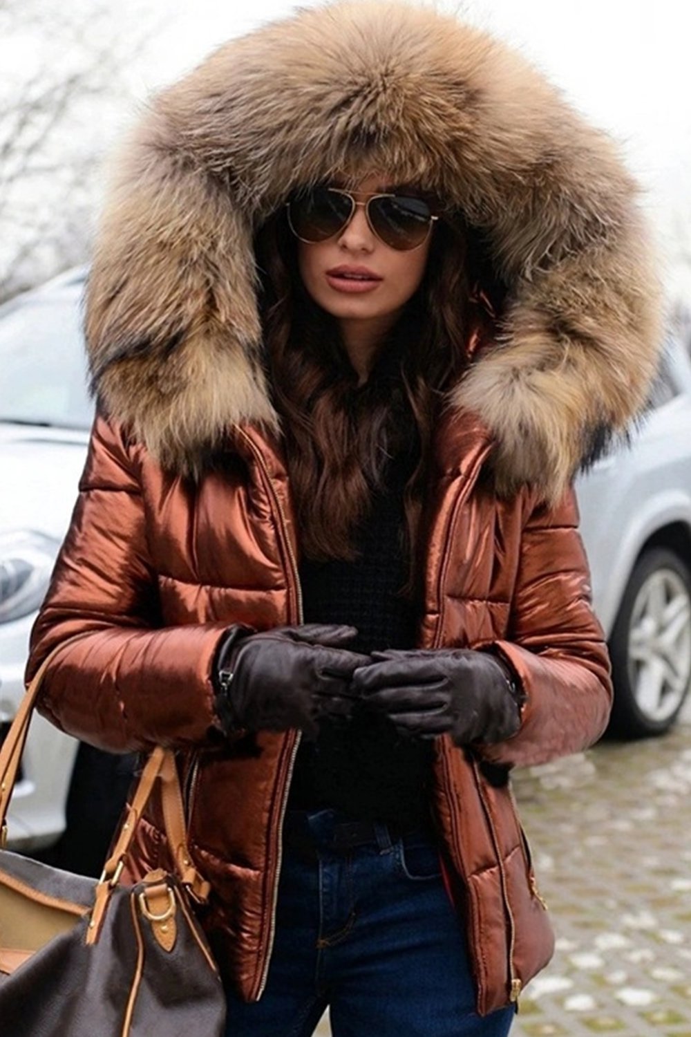 Ladies Casual Warm Large Fur Collar Hooded Jacket