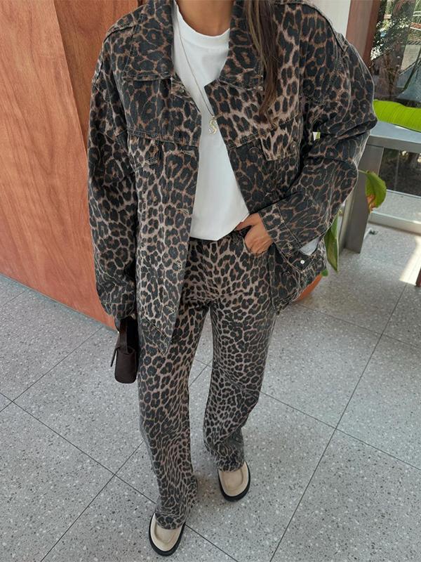 Women's Casual Lapel Single-breasted Leopard Printed Two-piece Suit Cotton Leopard Printed Suit Two-piece