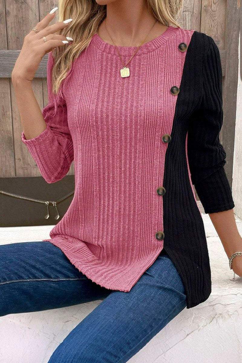 Women's Patchwork Contrasting Pitted Knit Top T-shirts Top