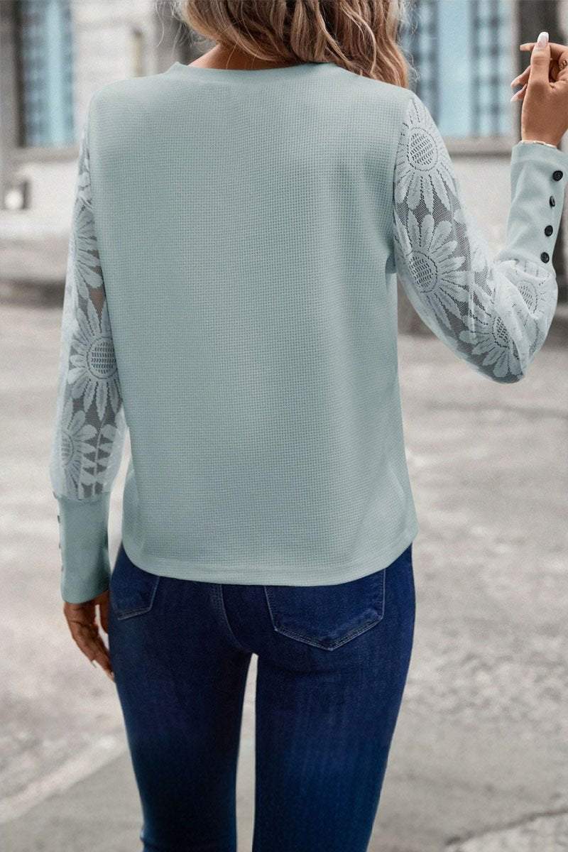 Women's Round Neck Knitted Lace Sleeve Patchwork Top sweater Top