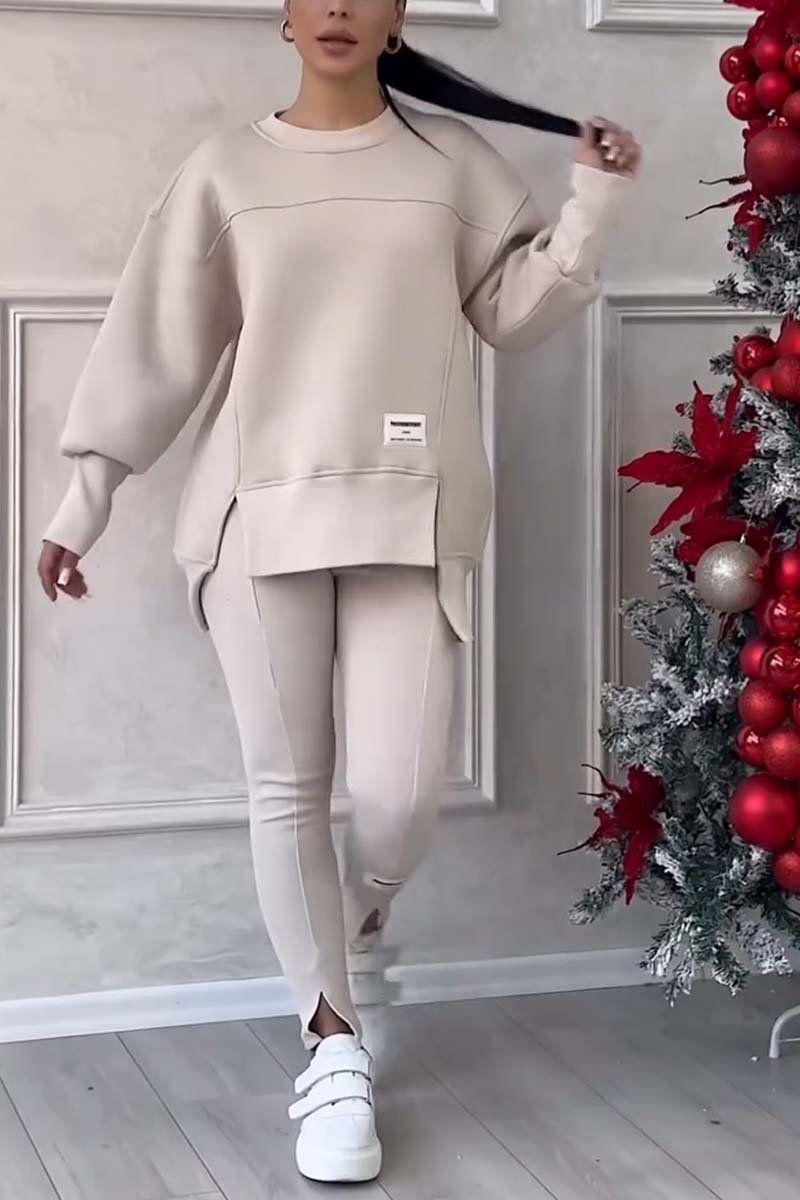 Women's Casual Solid Color Round Neck Long Sleeve Slit Hem Sweatshirt Leggings Set suit two-piece set