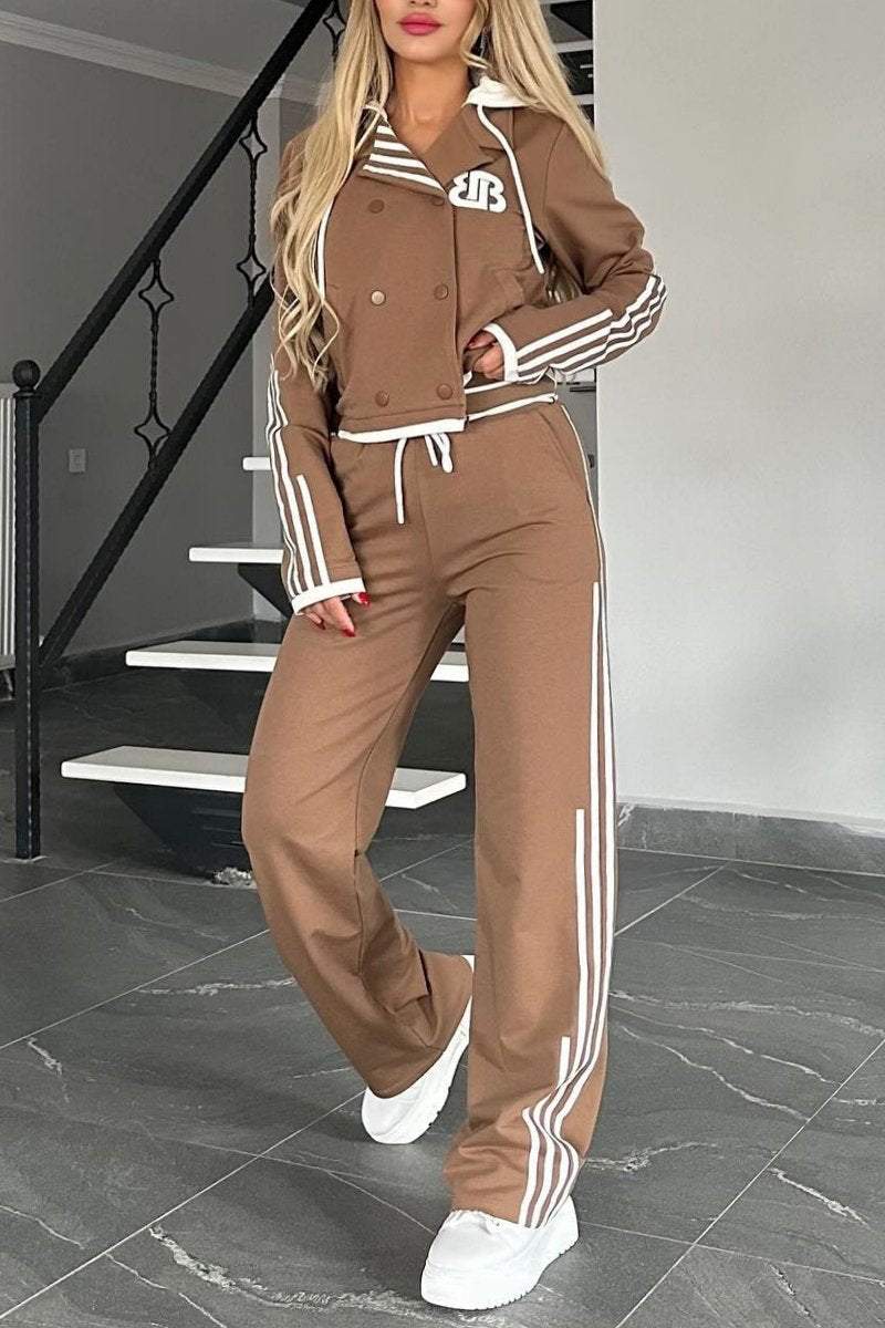 Women's Contrast Web Hooded Pants Suit Sets Two piece sets