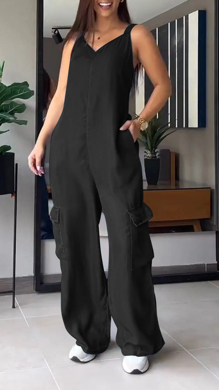 Thin Denim Cargo Pocket V-neck Jumpsuit Jumpsuit pants tops