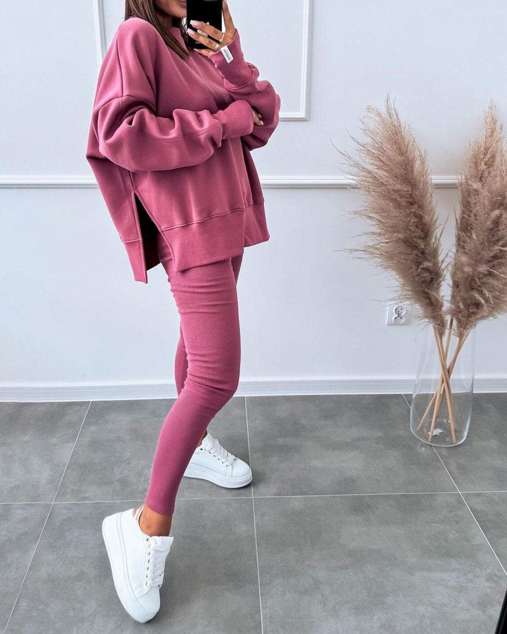 Women's Solid Color Casual Pullover Sweatshirt Two-piece Set Set