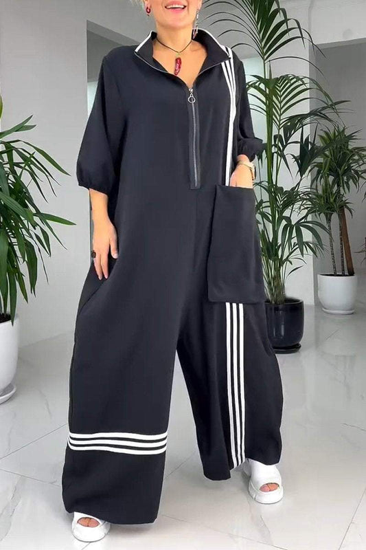 Women's Lapel Mid-Sleeve Striped Casual Jumpsuit Jumpsuits Sets