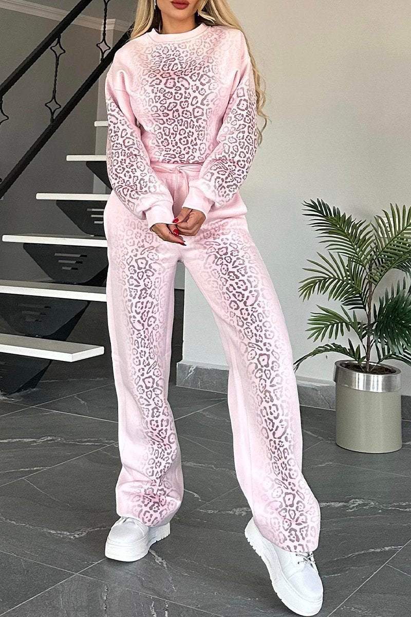 Women's Round Neck Opera Leopard Print Casual Sweatshirt Suit Sets Two piece sets