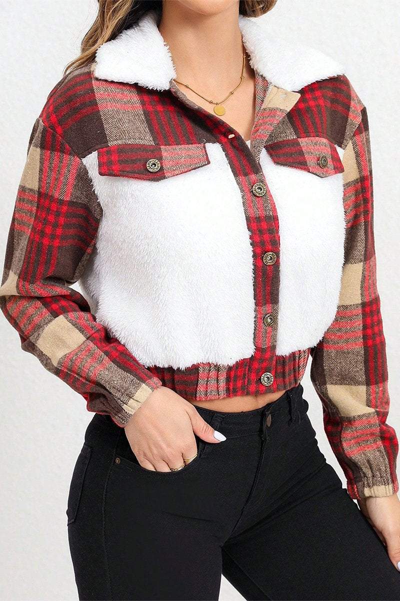 Women's Lapel Sherpa Patchwork Plaid Thermal Cotton Jacket coat Top