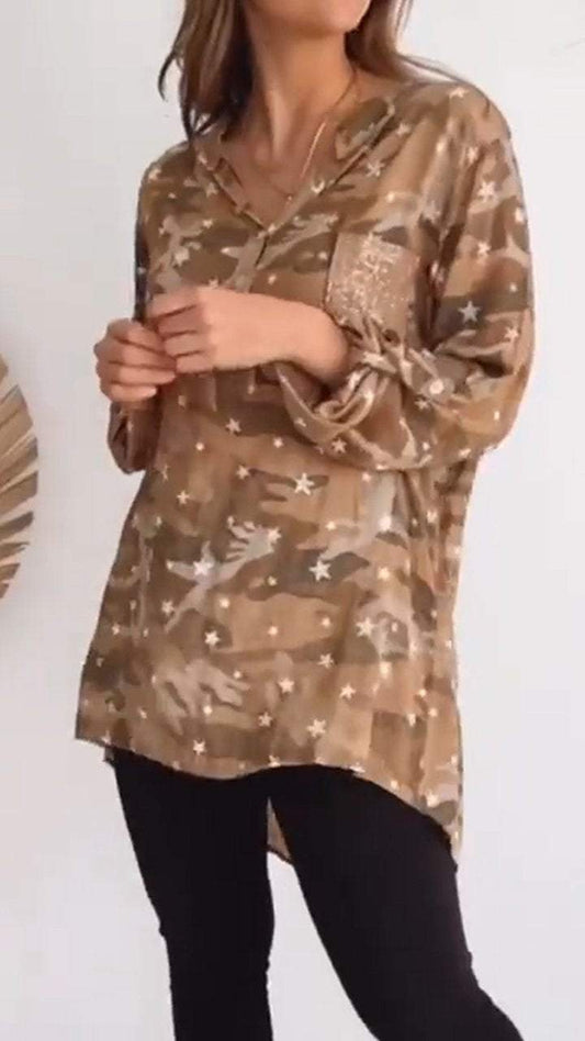 Women's Casual Camouflage Star Print Sequin Pocket Long Sleeve Top top