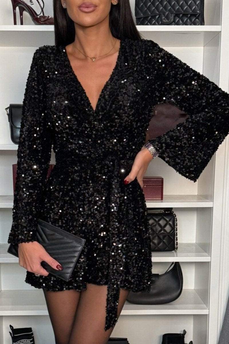 Women's V-neck Long-sleeved Sequined Temperament Jumpsuit Jumpsuit Party Dress Set