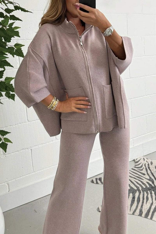 Women's Soft Knit Zip Up 3/4 Sleeve Wide Leg Trouser Co-ord