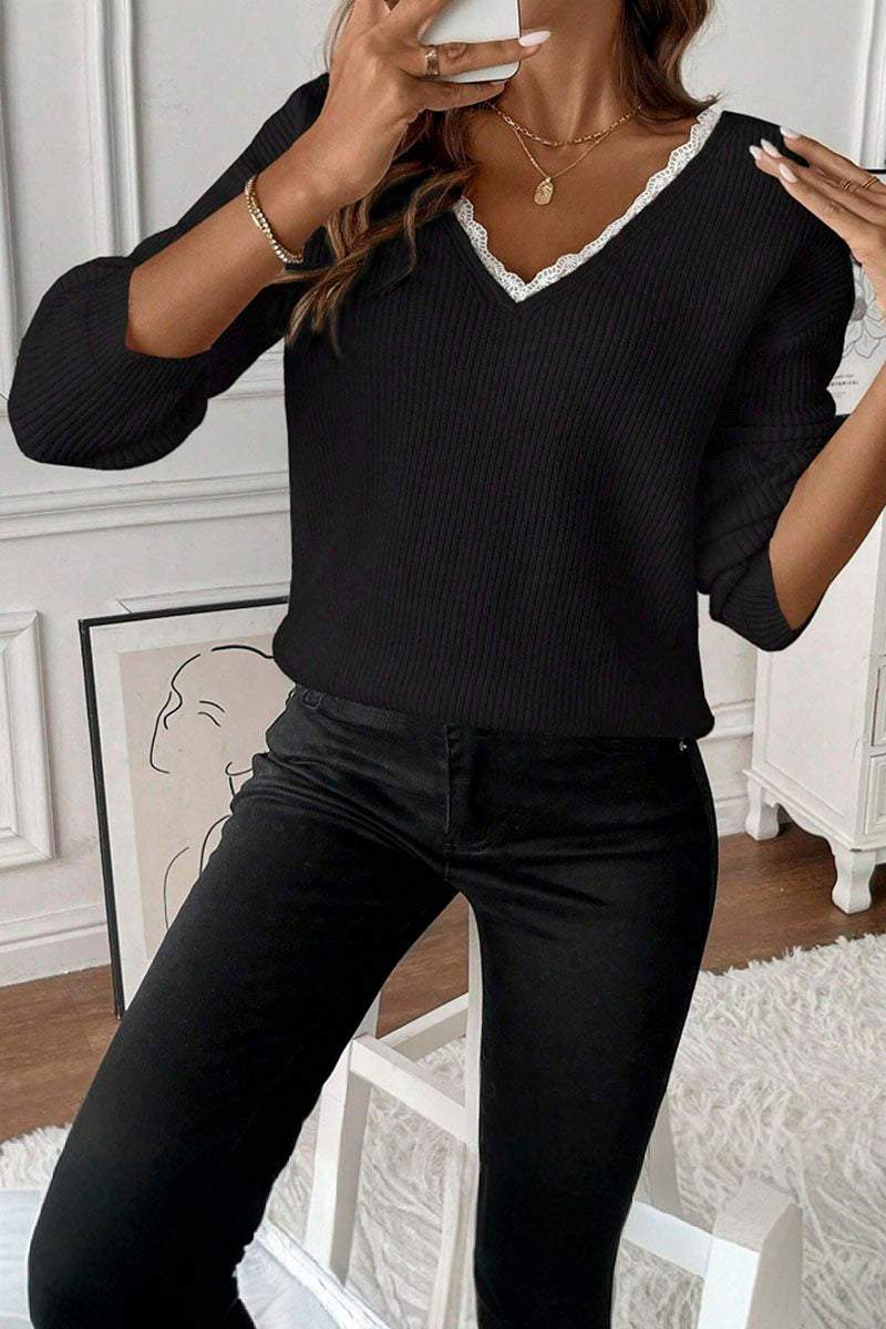 Women's V-neck Lace Patchwork Sweater sweaters Top