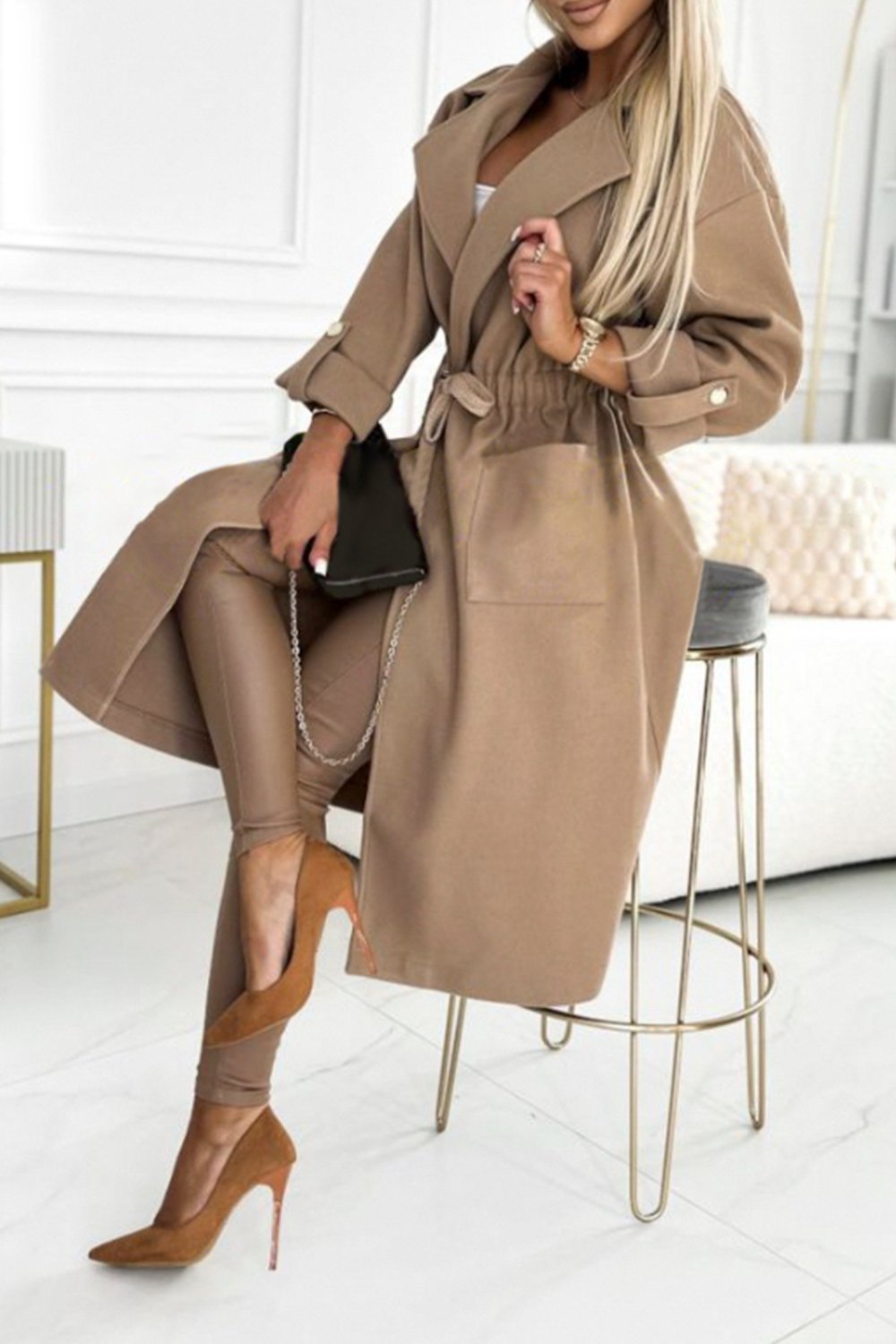 Women's Solid Color Large Lapel Waist Long Coat Coats skirts Top