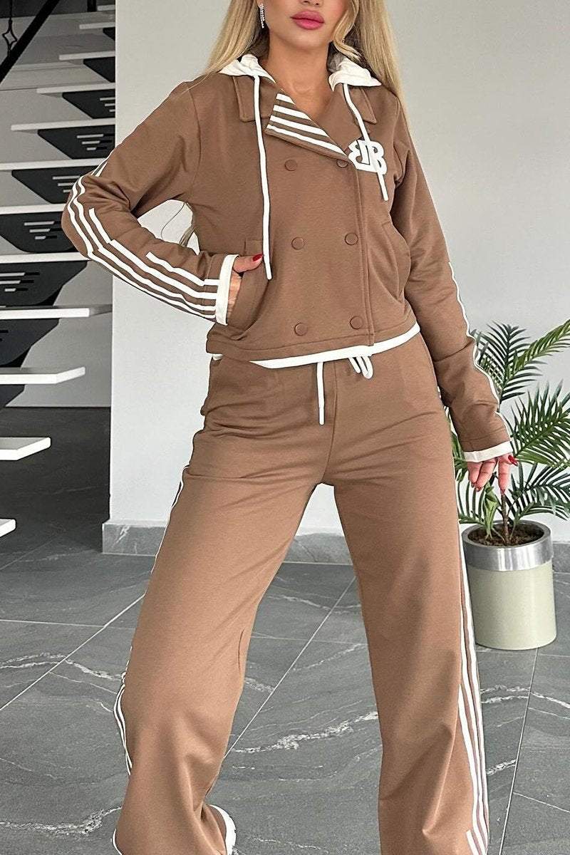 Women's Contrast Web Hooded Pants Suit Sets Two piece sets