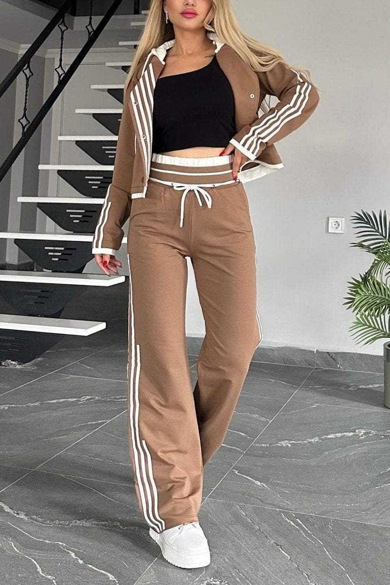 Women's Contrast Web Hooded Pants Suit Sets Two piece sets