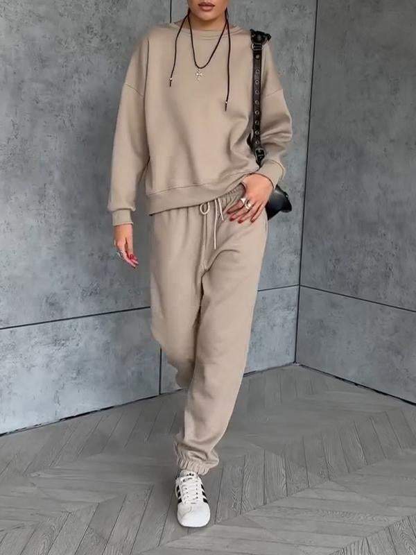 Women's Round Neck Solid Color Long Sleeve Sports Two-piece Suit Cotton Suit Two-piece Suit