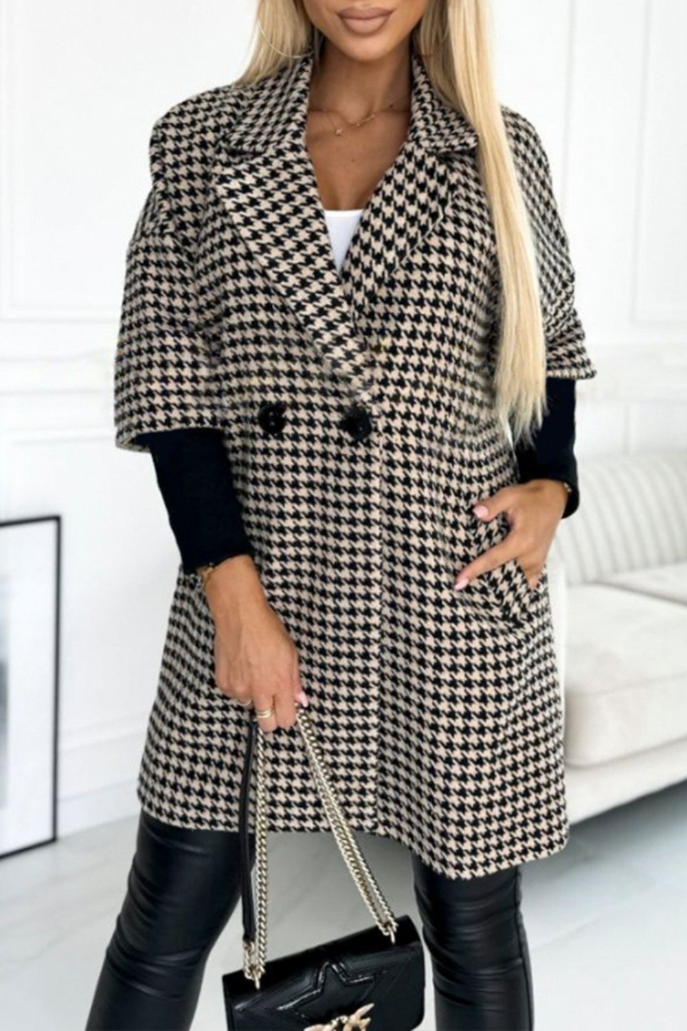 Women's Houndstooth Sleeves Knitted Patchwork Lapel Jacket Coats skirts Top